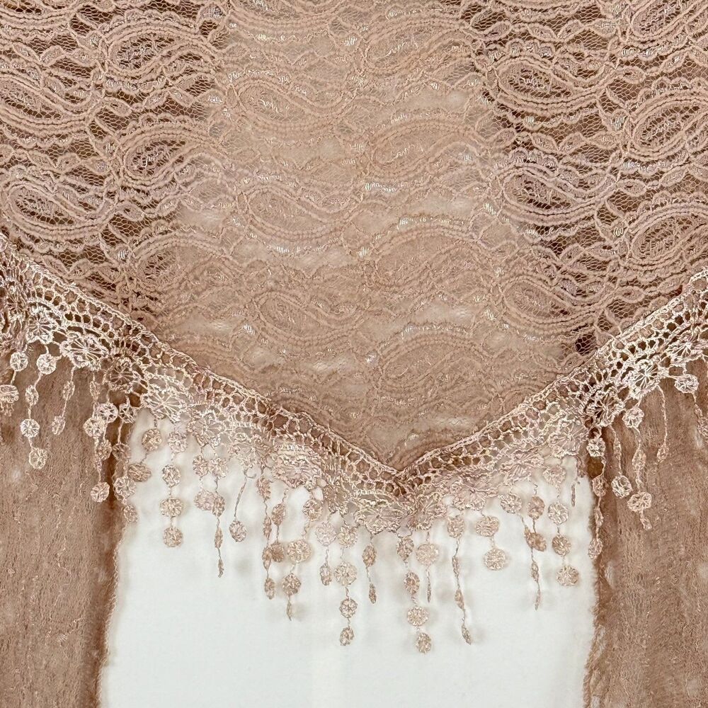 Women’s Pink Lace Triangle Shawl or Mantilla with Fringe Trim 64” X 18” - Picture 11 of 13